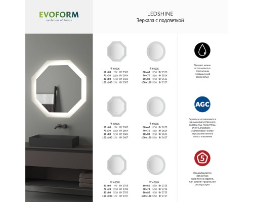 Зеркало настенное с LED-подсветкой Ledshine EVOFORM 100х100 см, BY 2527