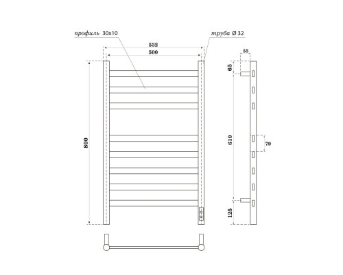 Полотенцесушитель электрический Point Селена PN16858B П8 500x800, диммер справа, черный