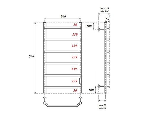 Полотенцесушитель электрический Point Виктория PN06858 П6 500x800 диммер справа, хром