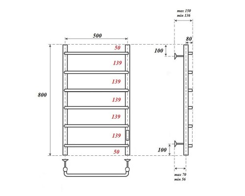 Полотенцесушитель электрический Point Ника PN08858 П6 500x800 диммер справа, хром