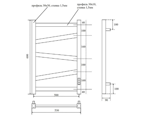 Полотенцесушитель электрический Point Феникс PN15856B П5 500x600, диммер справа, черный