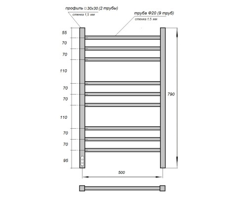 Полотенцесушитель электрический Point Веста PN70758B П9 500x800, диммер слева, черный