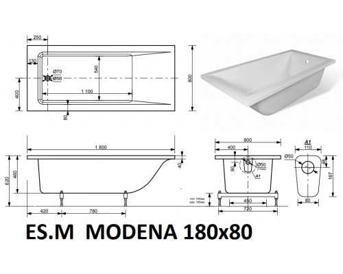 Ванна из литьевого мрамора ES.M Modena 180 х80 см  ES8818008M white matt