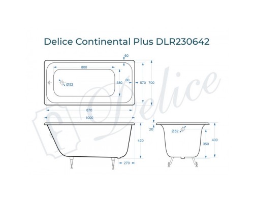 Ванна чугунная Delice Continental PLUS 100х70 с антискользящим покрытием DLR230642-AS