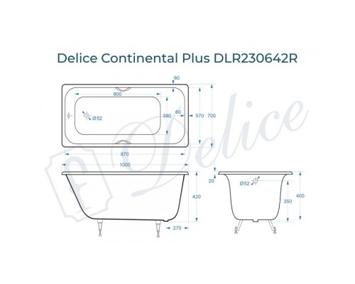 Ванна чугунная Delice Continental PLUS 100х70 с отверстиями под ручки DLR230642R