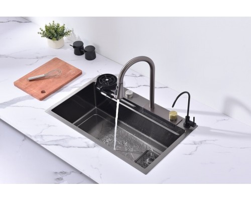 Кухонная мойка Art Decco Elegant Flow AEF116846, 68 см, со смесителем и дозатором, нержавеющая сталь, PVD графит Кухонная мойка Art Decco Elegant Flow AEF116846, 68 см, со смесителем и дозатором, нержавеющая сталь, PVD графит