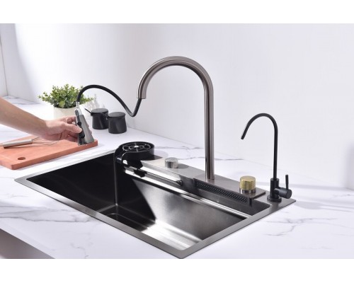 Кухонная мойка Art Decco Elegant Flow AEF117546, 75 см, со смесителем и дозатором, нержавеющая сталь, PVD графит Кухонная мойка Art Decco Elegant Flow AEF117546, 75 см, со смесителем и дозатором, нержавеющая сталь, PVD графит