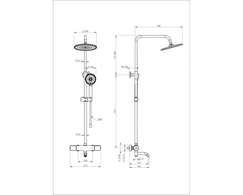 Душевая система с термостатом WONZON & WOGHAND INN 2, Черный матовый (WW-A3006-T1-MB)