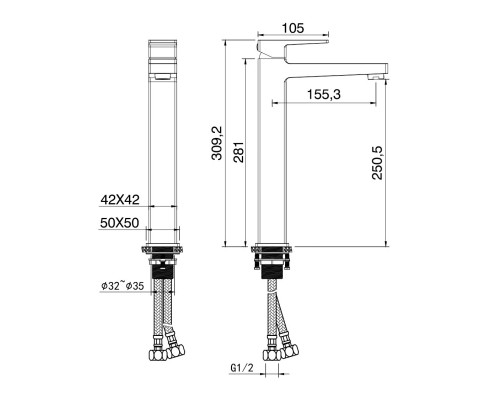 Смеситель для раковины высокий WONZON & WOGHAND CUBE 2.0, Брашированное золото (WW-88019068-BG)