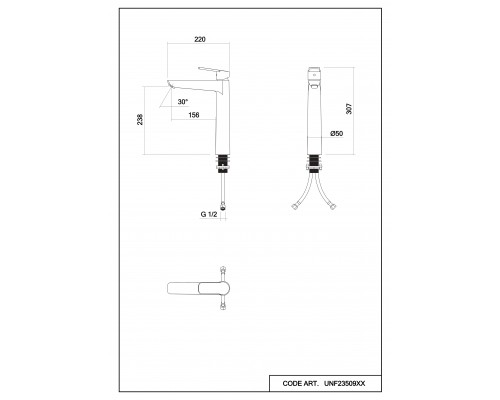 Смеситель д/раковины Abelsberg Lineara UNF23509GM высокий, космическая сталь