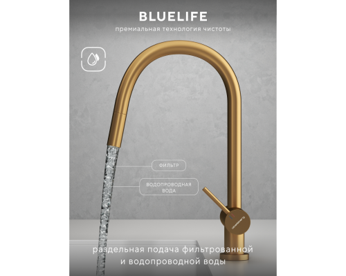 Смеситель д/кухни Abelsberg Aera EMF71709BG c вытяжным изливом и фильтром д/воды, цвет королевское золото