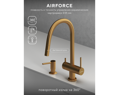 Смеситель д/кухни Abelsberg Aera EMF71709BG c вытяжным изливом и фильтром д/воды, цвет королевское золото