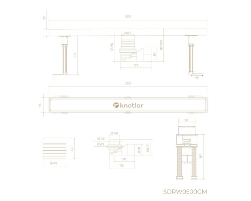 Душевой трап линейный Knotlor SDRW0500GM, вороненая сталь