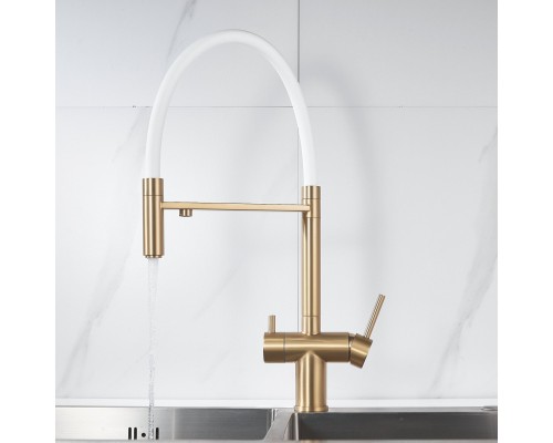 Смеситель для кухни с гибким изливом и подключением фильтра Shevanik S178G, золотой сатин/белый
