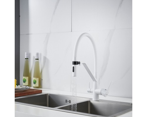 Смеситель для кухни с гибким изливом и подключением фильтра Shevanik S278C, белый
