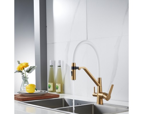 Смеситель для кухни с гибким изливом и подключением фильтра Shevanik S278G, золотой сатин