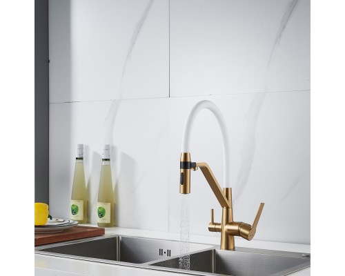 Смеситель для кухни с гибким изливом и подключением фильтра Shevanik S278G, золотой сатин