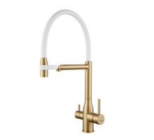 Смеситель для кухни с гибким изливом и подключением фильтра Shevanik S378G, золотой сатин/белый