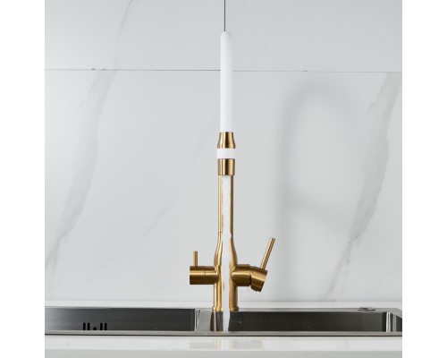 Смеситель для кухни с гибким изливом и подключением фильтра Shevanik S378G, золотой сатин/белый