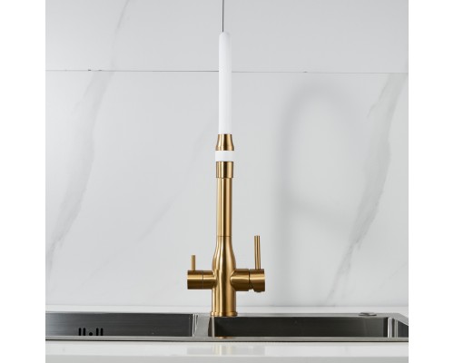 Смеситель для кухни с гибким изливом и подключением фильтра Shevanik S378G, золотой сатин/белый