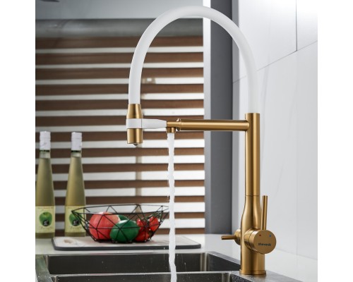 Смеситель для кухни с гибким изливом и подключением фильтра Shevanik S378G, золотой сатин/белый