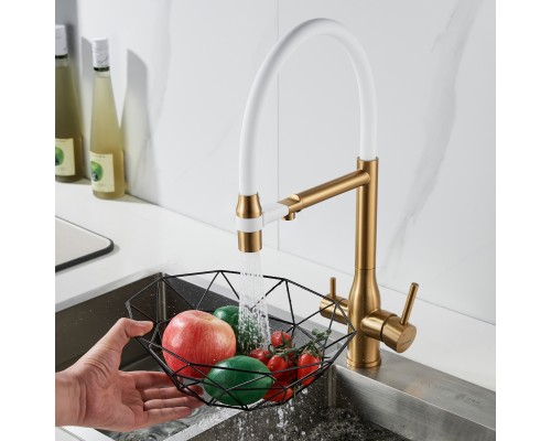 Смеситель для кухни с гибким изливом и подключением фильтра Shevanik S378G, золотой сатин/белый