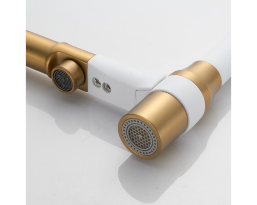 Смеситель для кухни с гибким изливом и подключением фильтра Shevanik S378G, золотой сатин/белый