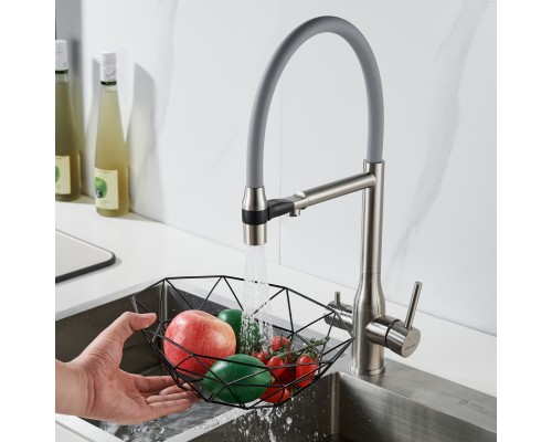 Смеситель для кухни с гибким изливом и подключением фильтра Shevanik S378L, сатин