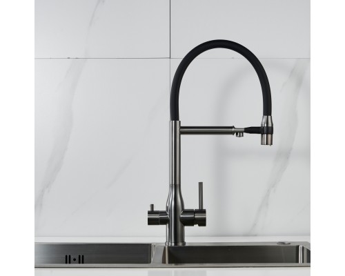 Смеситель для кухни с гибким изливом и подключением фильтра Shevanik S378T, оружейная сталь