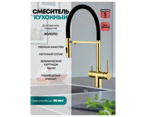 Смеситель для кухни с гибким изливом и подключением фильтра Grocenberg GB4096GO, золото