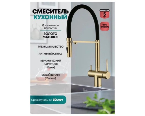 Смеситель для кухни с гибким изливом и подключением фильтра Grocenberg GB4096MG, матовое золото