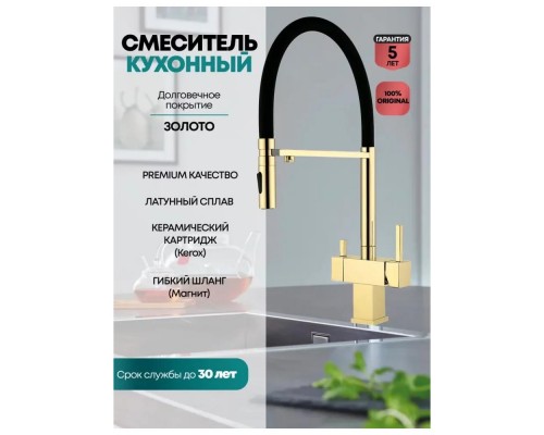 Смеситель для кухни с гибким изливом и подключением фильтра Grocenberg GB4098GO, золото