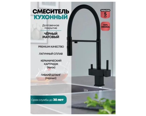 Смеситель для кухни с гибким изливом и подключением фильтра Grocenberg GB4098BL, черный
