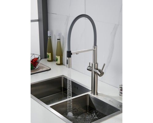 Смеситель для кухни с гибким изливом и подключением фильтра Shevanik S478L, сатин