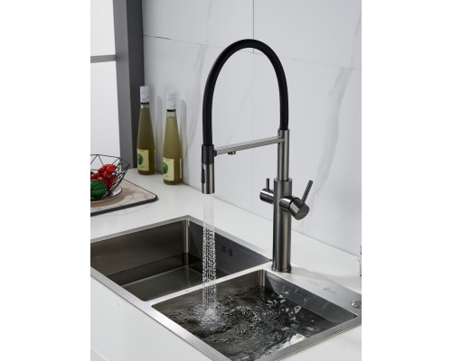 Смеситель для кухни с гибким изливом и подключением фильтра Shevanik S478T, оружейная сталь