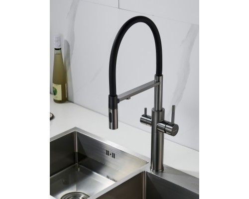 Смеситель для кухни с гибким изливом и подключением фильтра Shevanik S478T, оружейная сталь