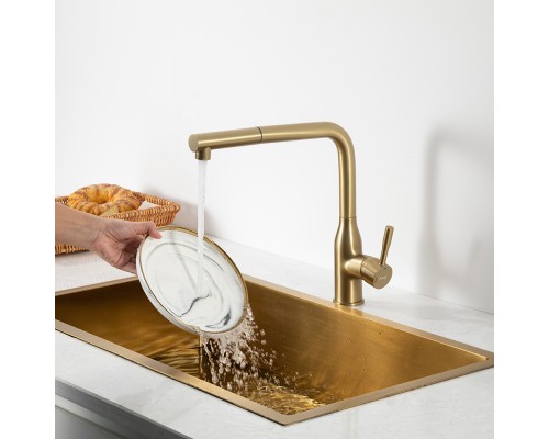 Смеситель для кухни с выдвижным изливом и режимом душ FRAP F6096-3, золотой сатин