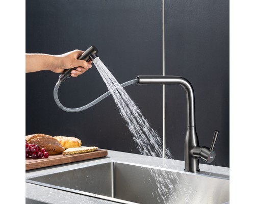 Смеситель для кухни с выдвижным изливом и режимом душ FRAP F6096-9, оружейная сталь