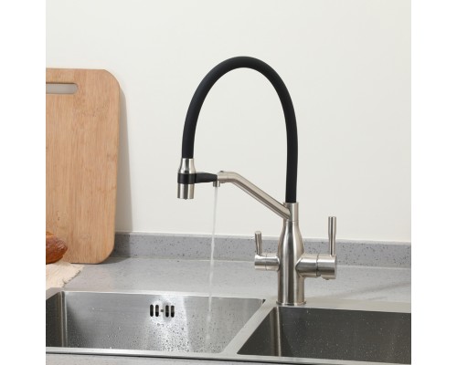 Смеситель для кухни с гибким изливом и подключением фильтра FRAP F4397-5, сатин