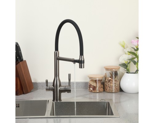 Смеситель для кухни с гибким изливом и подключением фильтра FRAP F4398-9, оружейная сталь