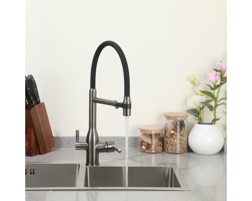 Смеситель для кухни с гибким изливом и подключением фильтра FRAP F4398-9, оружейная сталь