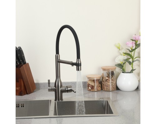 Смеситель для кухни с гибким изливом и подключением фильтра FRAP F4398-9, оружейная сталь