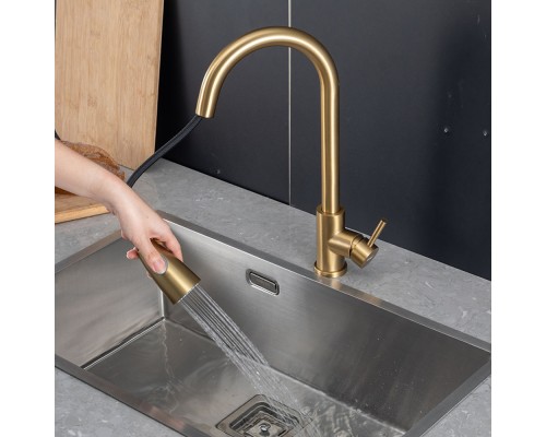 Смеситель для кухни с выдвижным изливом и режимом душ FRAP F60991-3, золотой сатин