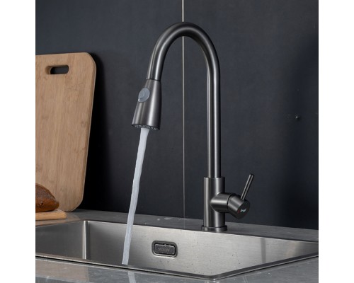 Смеситель для кухни с выдвижным изливом и режимом душ FRAP F60991-9, оружейная сталь
