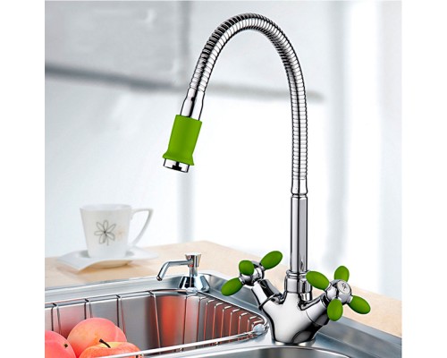Смеситель для кухни с гибким изливом FRUD R43127-6, хром/зеленый