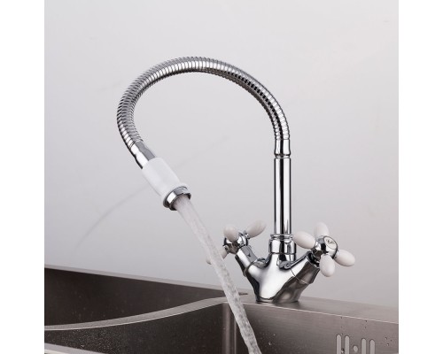 Смеситель для кухни с гибким изливом FRUD R43127-7, хром/белый