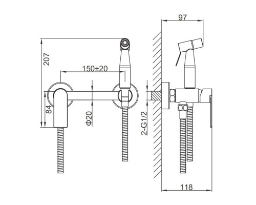 Гигиенический душ со смесителем FRAP F20806-9, оружейная сталь