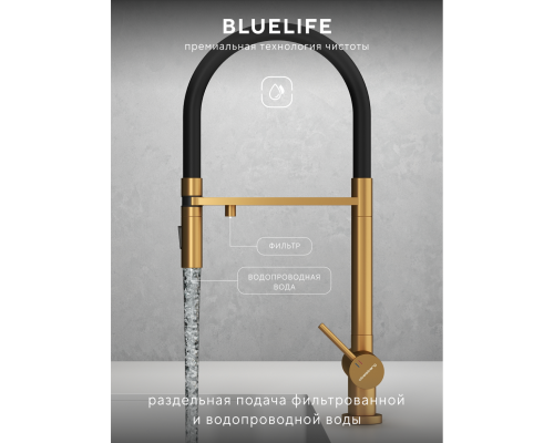 Смеситель д/кухни Abelsberg Venta IXF73979BG c гибким изливом и фильтром д/воды, цвет королевское золото