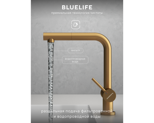 Смеситель д/кухни Abelsberg Pura OTF70709BG c вытяжным изливом и фильтром д/воды, цвет королевское золото