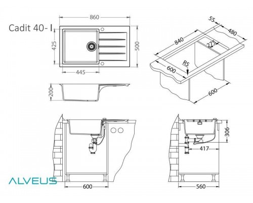 Мойка кухонная Alveus Granital Cadit 40 1132028 860х500 мм, песчаный